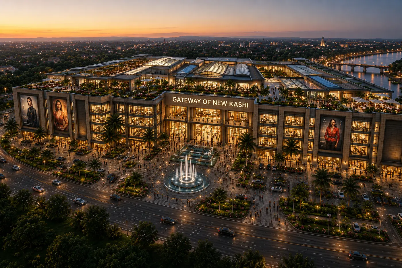 Mall and Commercial Complex — aerial view at dusk